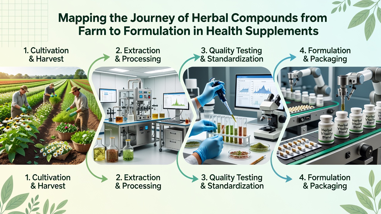 Laboratory extraction equipment processing dried herbs into concentrated liquid for supplement formulation